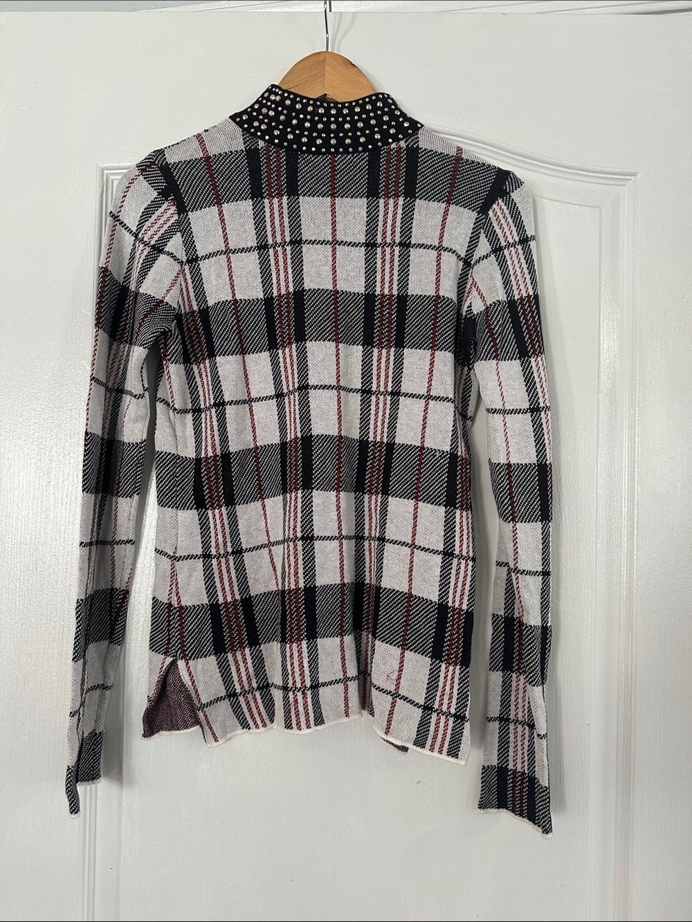 Belldini Black White Plaid Studded Cowl Neck Sweater with rhinestone neck - Picture 1 of 2